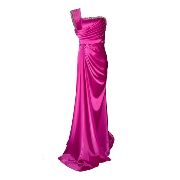 One Shoulder Satin Pleated Crystal Embellished Pink Prom Dresses - FR 38